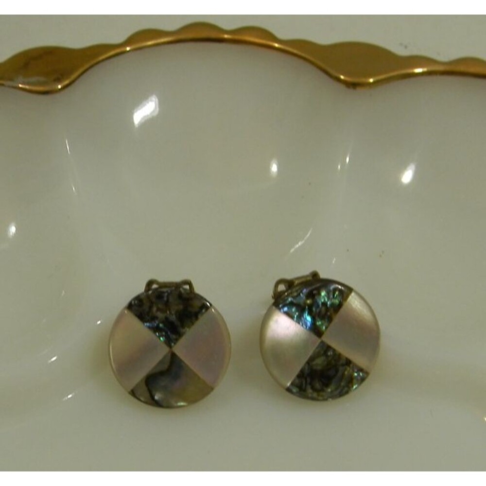 Vintage Mosaic Abalone Shell Clip Earrings Cottage Core